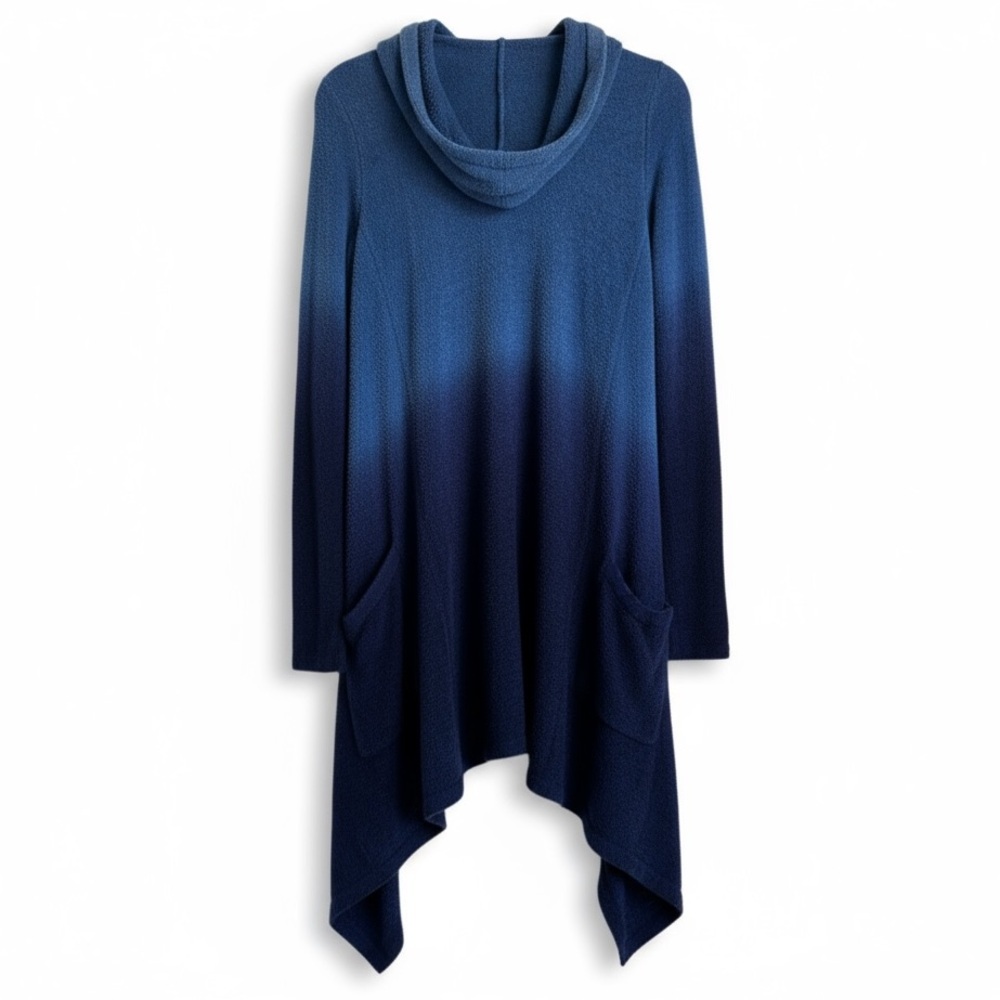 Venus Ombre Hooded Longline Open Front Cardigan Duster Pocket Sweater Blue XS - Picture 4 of 7